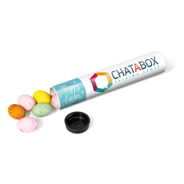 chocolate mini eggs in a branded tube with full colour printed wrap