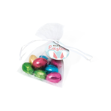 Organza bag with chocolate eggs personalised with printed label