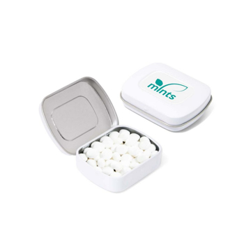 White metal mint tin branded with company logo