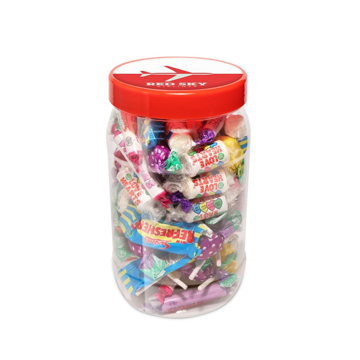 Large jar filled with retro sweets and branded with artwork on the lid