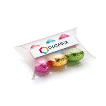Clear pouch containing 6 foiled chocolate eggs printed with full colour label