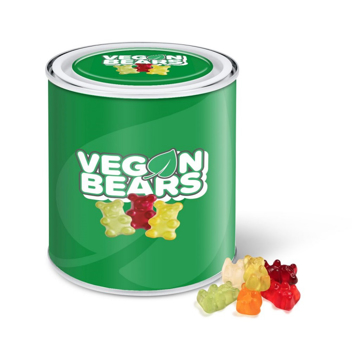 Large branded tin filled with vegan gummy bears. 