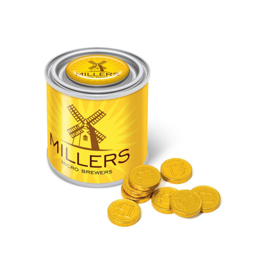 Chocolate coins in a small branded tin personalised with a company logo