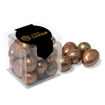 Small milk chocolate eggs in a clear plastic box with branded label.