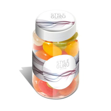 Jar of multi-coloured bean sweets with a branded lid and wrap around jar.