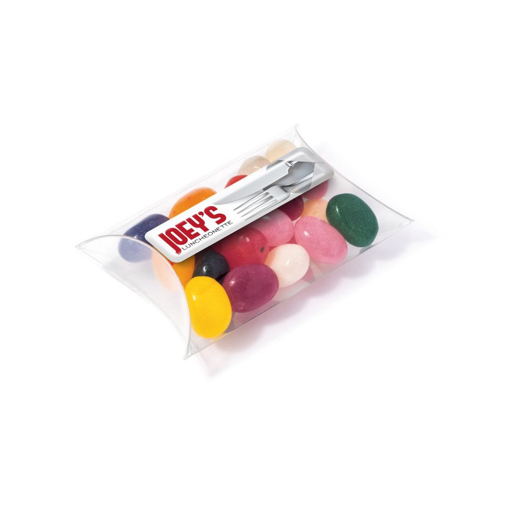 small transparent pouch of jelly beans with branding to the lid. 