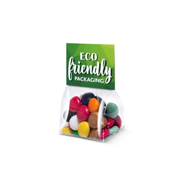 coloured chocolate beans in clear bag with eco friendly packaging