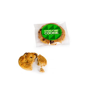 a chocolate chip biscuit individually wrapped with a branded sticker