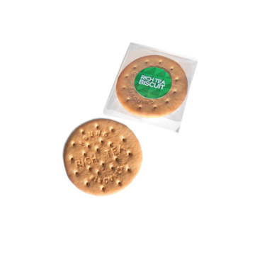 A rich tea biscuit, with branded packet.