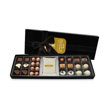 Luxury chocolate selection box with branded tag
