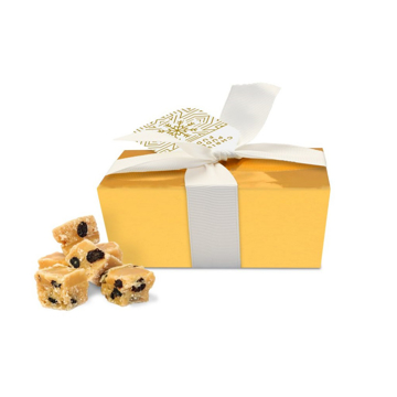 Festive fudge in branded gold box with printed tag and ribbon