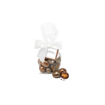 chocolate covered honeycomb in a bag with a branded tag and white ribbon