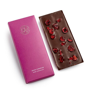 dark chocolate and sour cherry chocolate bar from the chocolate society