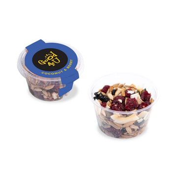 a healthy snack pot with promotional label