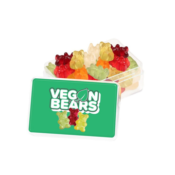 pot of  gummy bears with promotional label