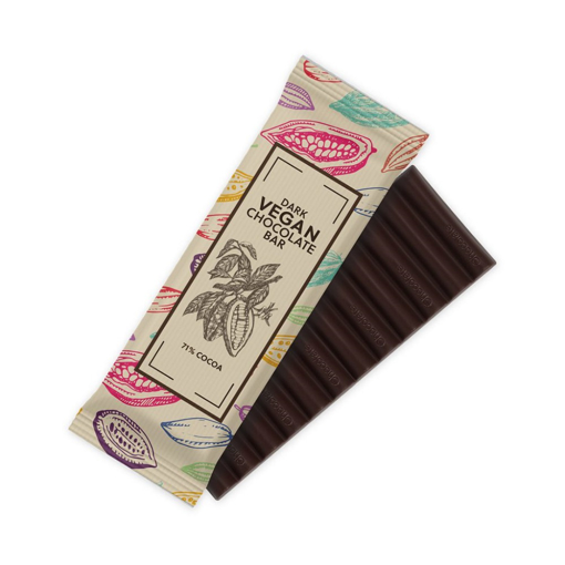 dark chocolate bar with branded wrapper
